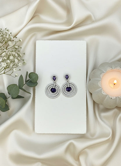 Trendy Silver Plated American Diamond Circular Motif Design Dangler Drop Earrings for Women