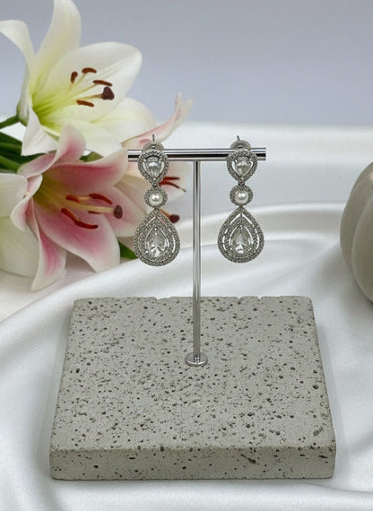 Trendy Silver Plated American White Diamonds with Pearl Dangler Earrings