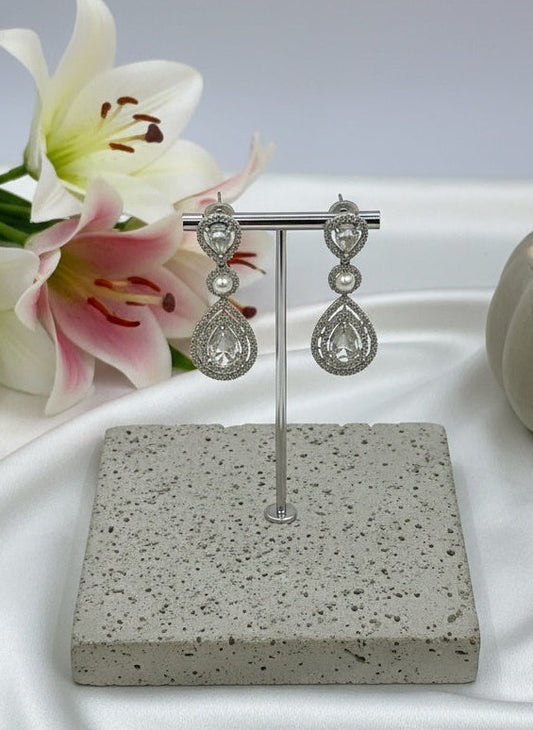 Trendy Silver Plated American White Diamonds with Pearl Dangler Earrings