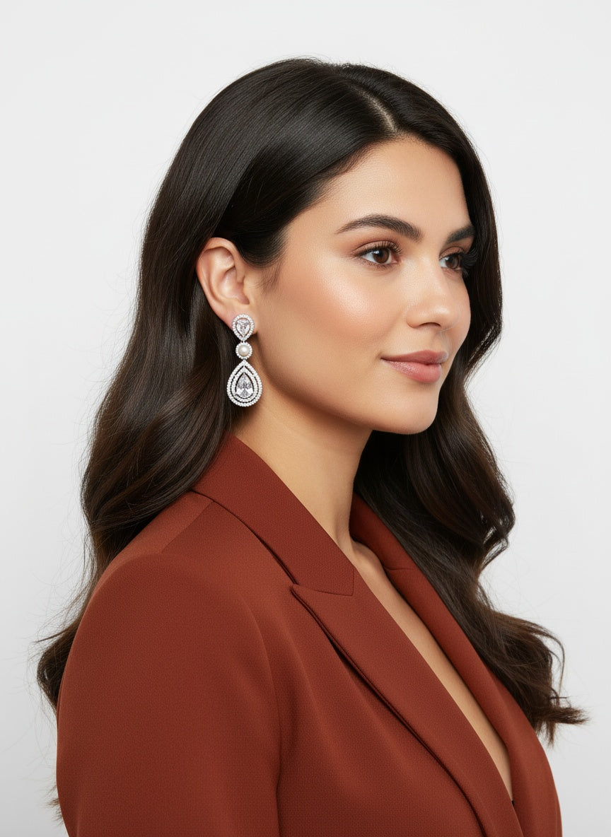 Trendy Silver Plated American White Diamonds with Pearl Dangler Earrings