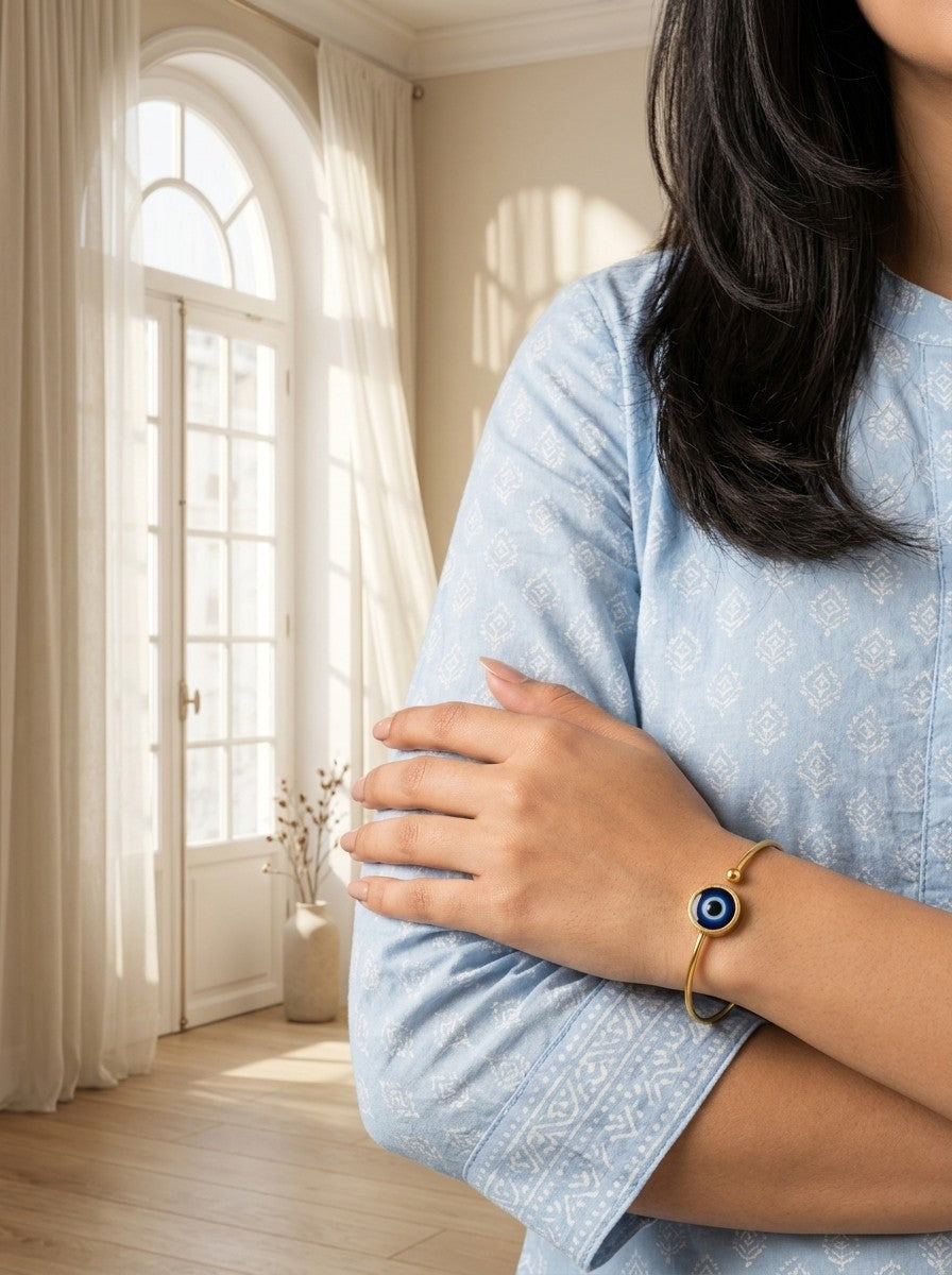 Pure Brass Evil Eye Open Cuff Adjustable Bracelet for Women – Everyday Wear