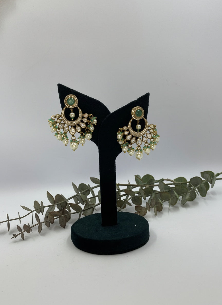 Victorian Gold Plated Polki Dangler Earrings with Pearl detailing