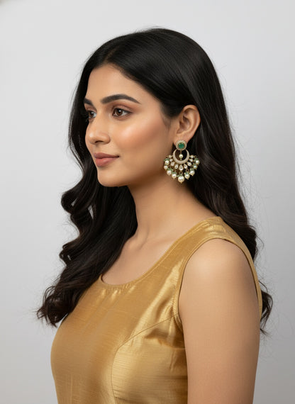 Victorian Gold Plated Polki Dangler Earrings with Pearl detailing