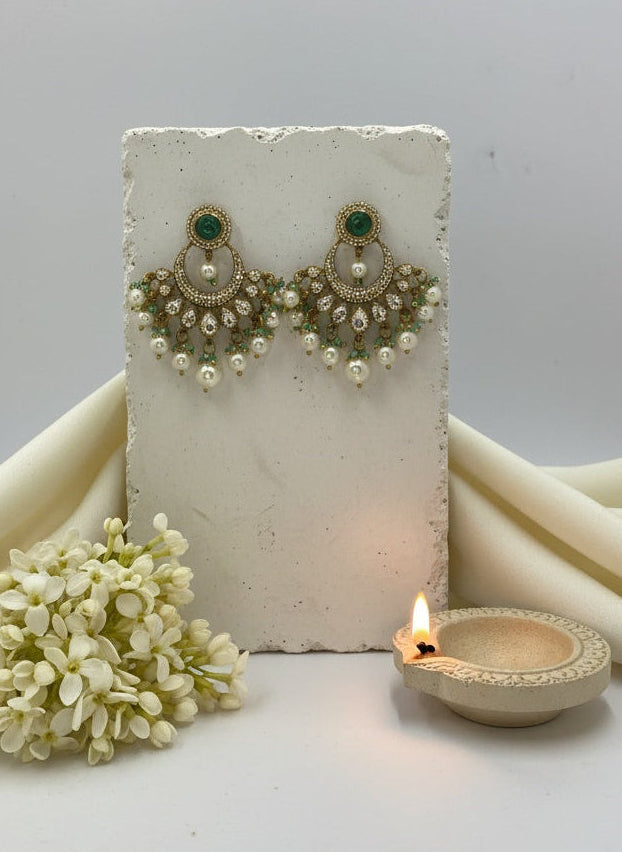 Victorian Gold Plated Polki Dangler Earrings with Pearl detailing