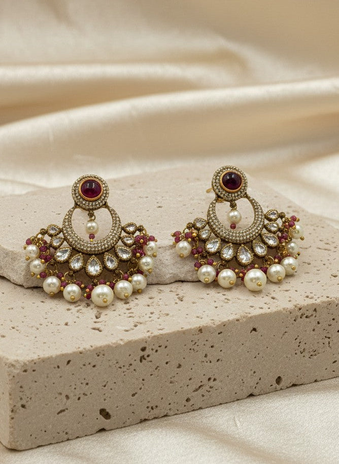 Victorian Gold Plated Polki Dangler Earrings with Pearl detailing