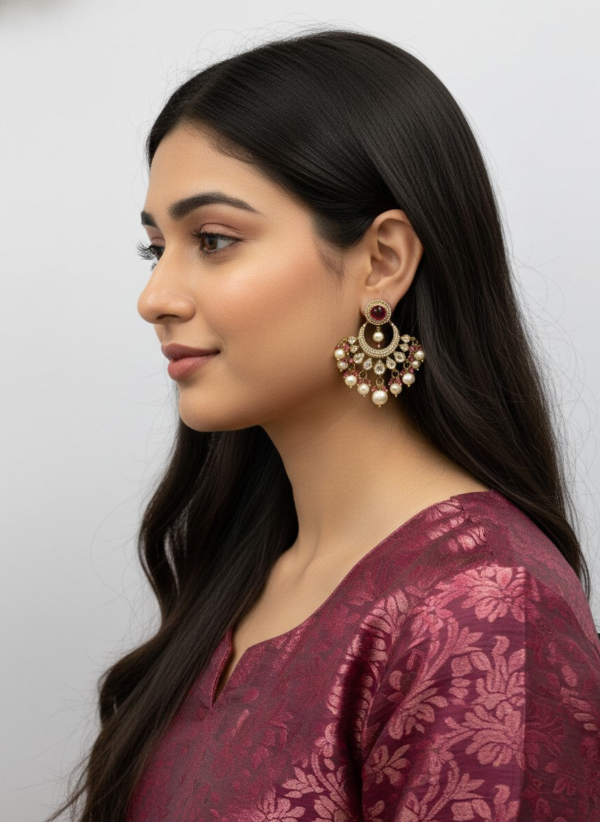 Victorian Gold Plated Polki Dangler Earrings with Pearl detailing