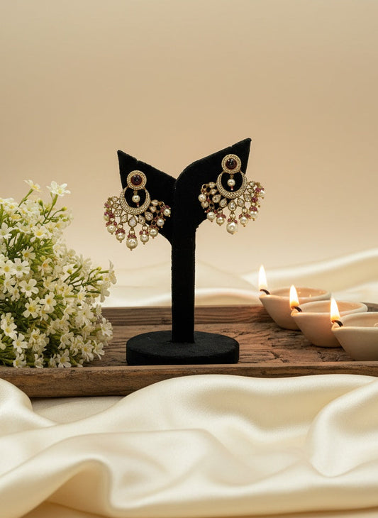 Victorian Gold Plated Polki Dangler Earrings with Pearl detailing