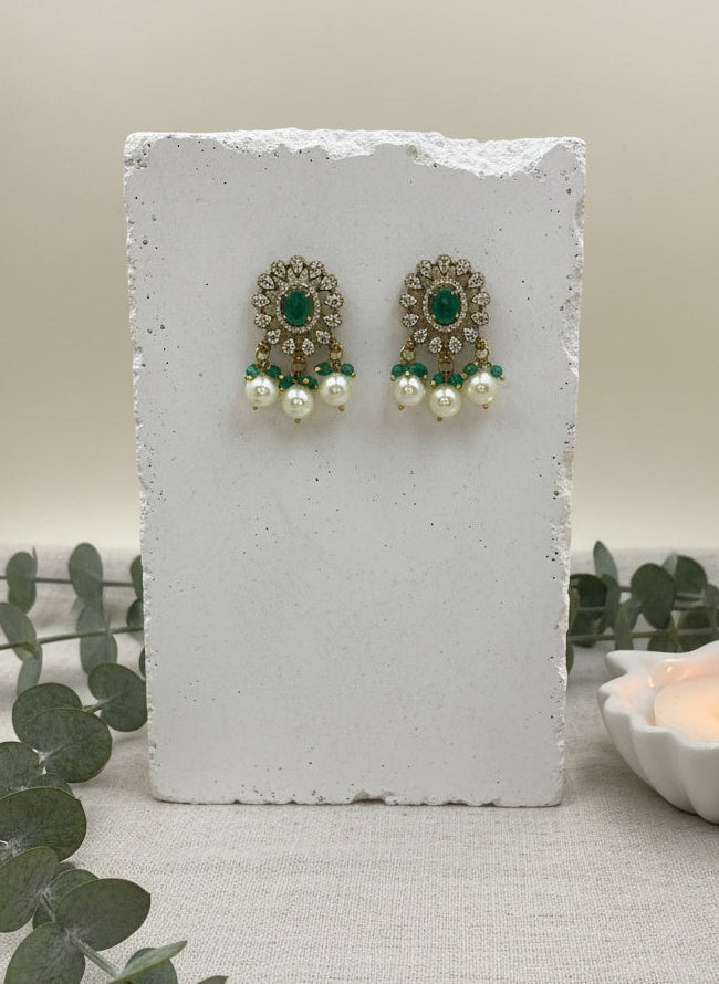 Victorian Gold Plated Green Polki Stud Earrings with Pearl detailing for Women - Special Occasions