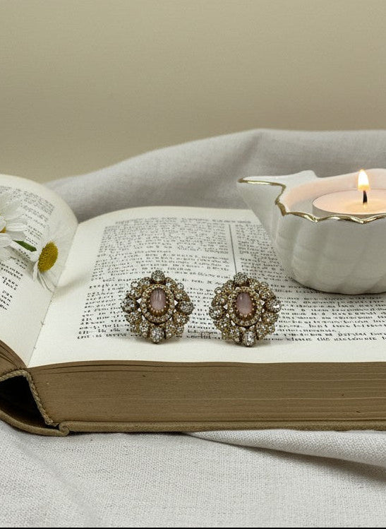 Victorian Floral Pattern Gold Plated Baby Pink Polki Stud Earrings for Women - All Occasions