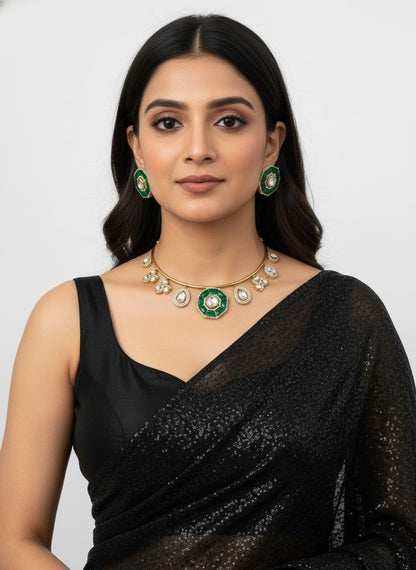 Ethnic Fusion Gold Plated Kundan Hasli Set with Green Octagon Accents