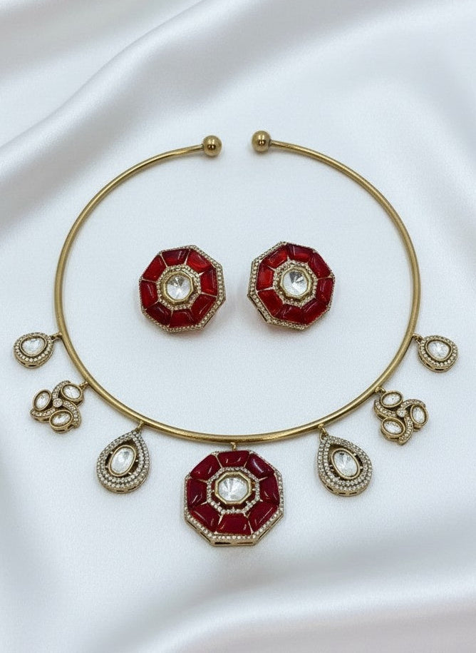 Red Octagon Kundan Jewelry Set – Choker with Matching Studs