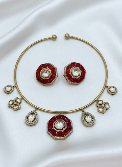 Red Octagon Kundan Jewelry Set – Choker with Matching Studs