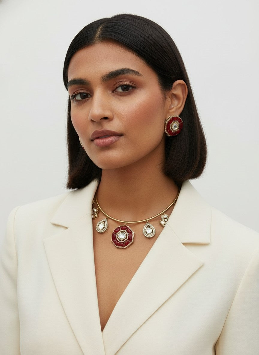 Red Octagon Kundan Jewelry Set – Choker with Matching Studs