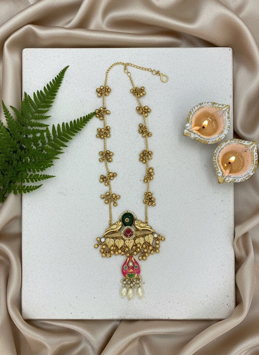 Handcrafted Gold Plated Kashmiri Pota Necklace with Enamel and pearls
