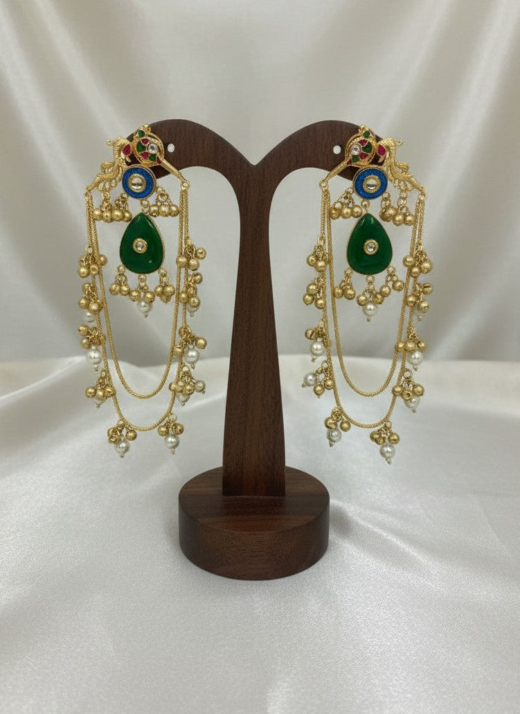 Traditional Gold Plated Kashmiri Dangling Adornments Chain Earrings