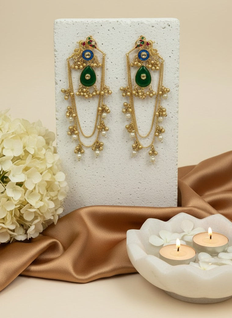 Traditional Gold Plated Kashmiri Dangling Adornments Chain Earrings