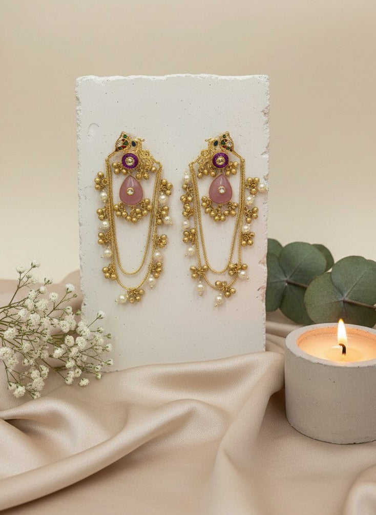Handcrafted Gold plated Kashmiri Earrings with dangling Pearl and Kundan adornments