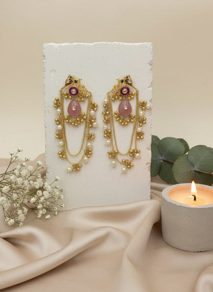Handcrafted Gold plated Kashmiri Earrings with dangling Pearl and Kundan adornments