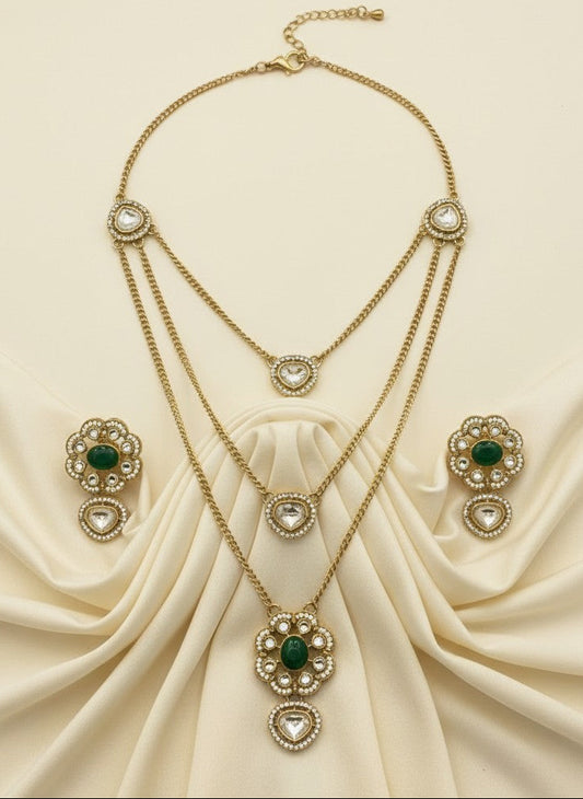 Layered Polki & Emerald Accent Necklace Set for Women - Special Occasions