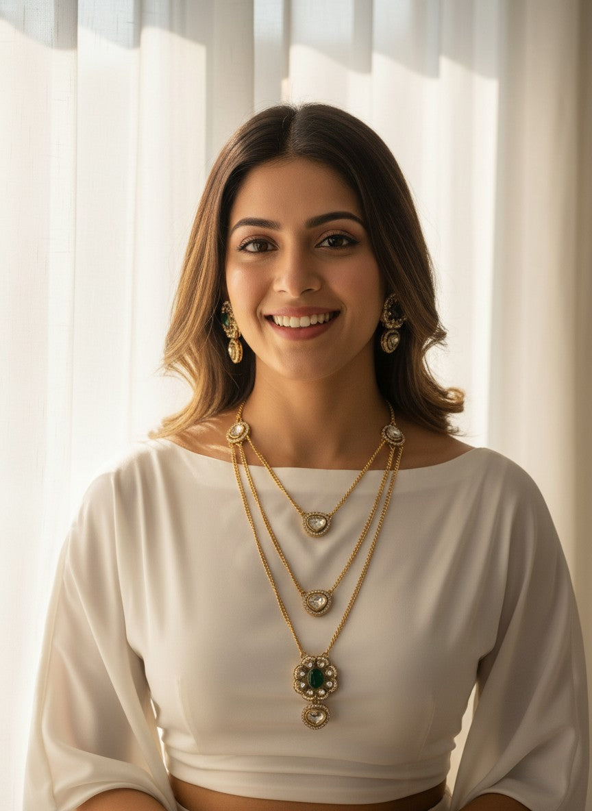 Layered Polki & Emerald Accent Necklace Set for Women - Special Occasions