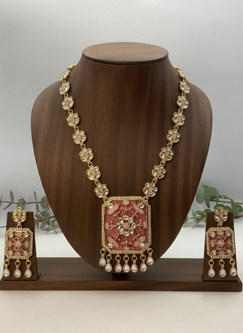 Light Ruby Enamel Polki Necklace & Earring Set with Drop Detailing for Women - Festive Baraati Wear