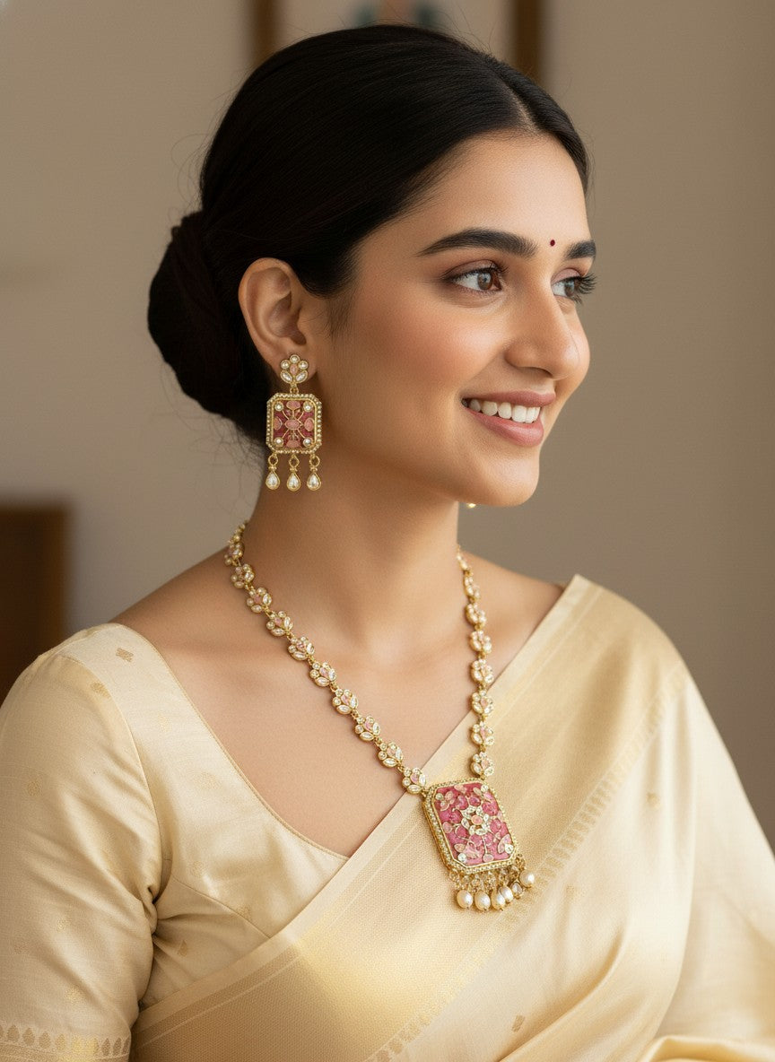 Light Ruby Enamel Polki Necklace & Earring Set with Drop Detailing for Women - Festive Baraati Wear
