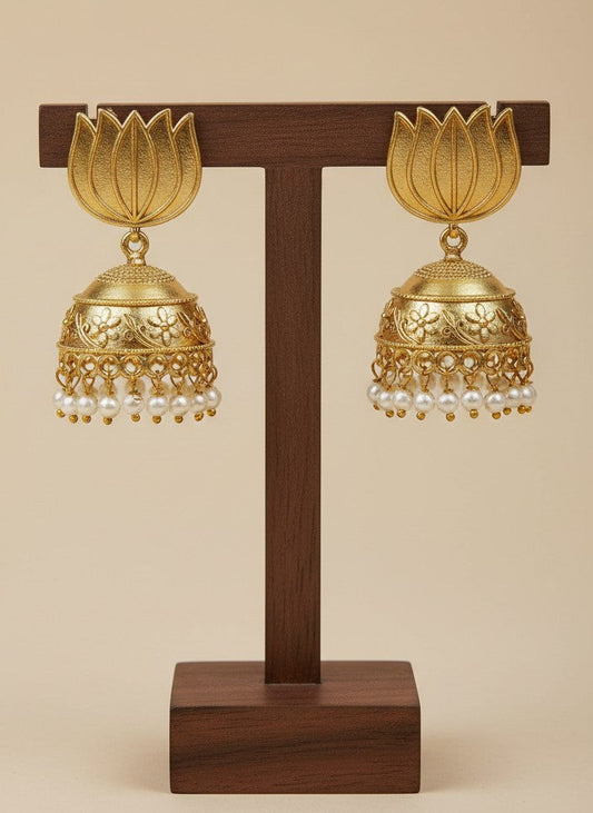 Lotus Bloom Gold Tone Jhumka Earrings with Pearl Drops for Women - Special Occasions