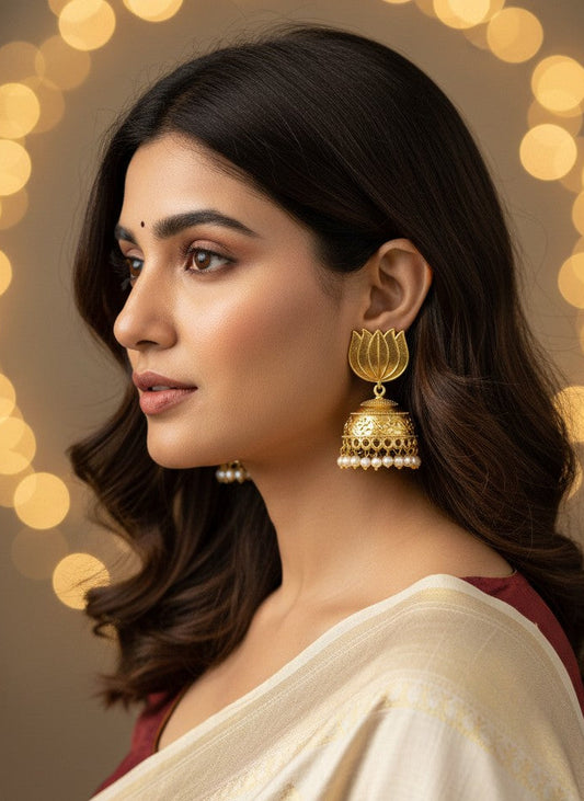 Lotus Bloom Gold Tone Jhumka Earrings with Pearl Drops for Women - Special Occasions