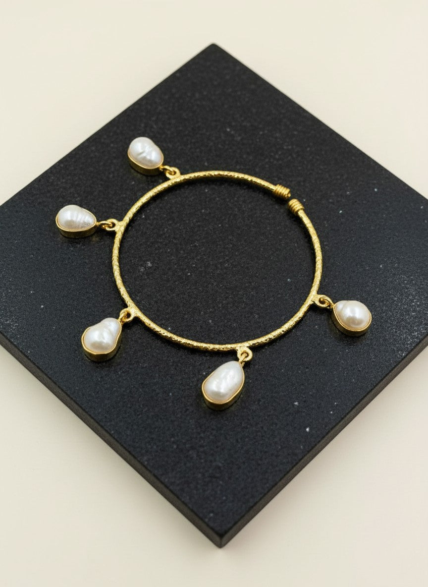 Luna Gold-Plated Baroque Pearl Drop Charm Bangle Bracelet for Women - All Occasions