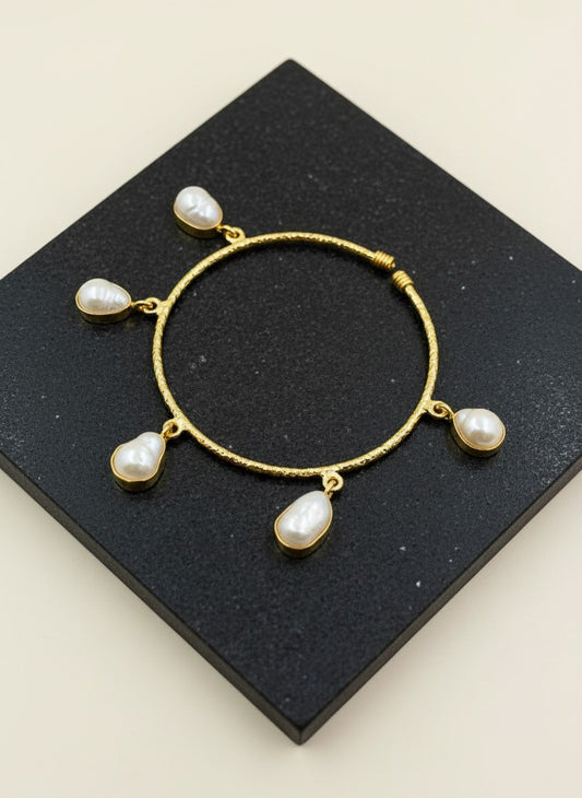 Luna Gold-Plated Baroque Pearl Drop Charm Bangle Bracelet for Women - All Occasions