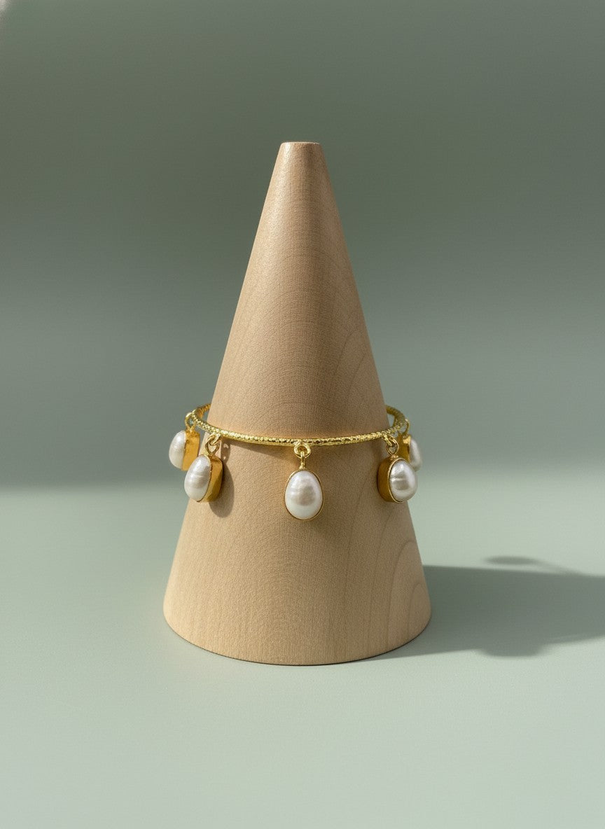 Luna Gold-Plated Baroque Pearl Drop Charm Bangle Bracelet for Women - All Occasions