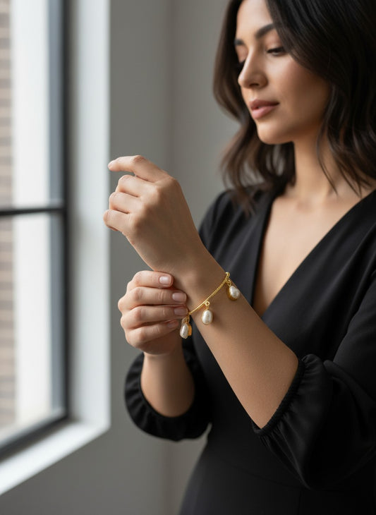 Luna Gold-Plated Baroque Pearl Drop Charm Bangle Bracelet for Women - All Occasions