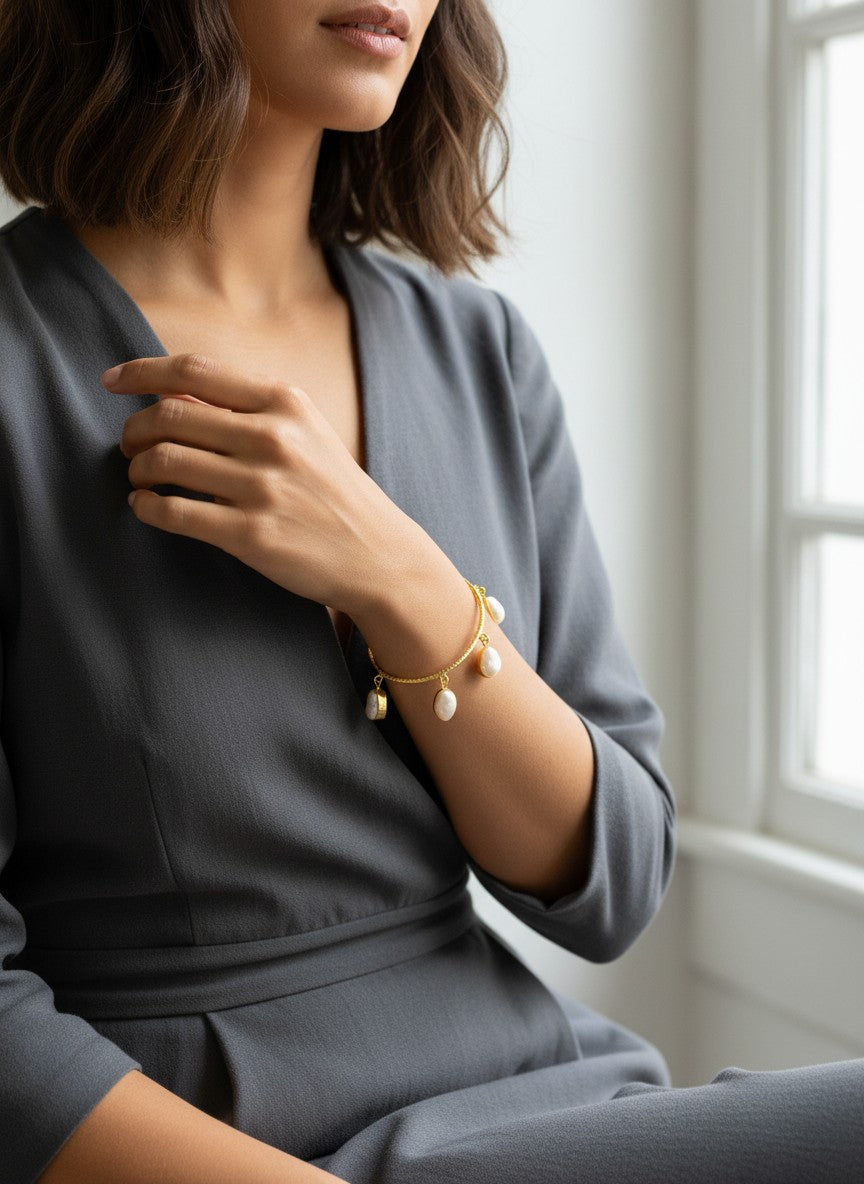 Luna Gold-Plated Baroque Pearl Drop Charm Bangle Bracelet for Women - All Occasions