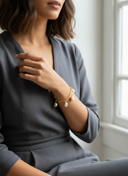 Luna Gold-Plated Baroque Pearl Drop Charm Bangle Bracelet for Women - All Occasions