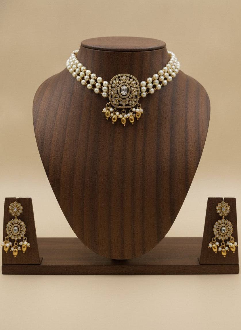 Gold Plated Pearl Choker Necklace Set with Polki & AD Pendant for Women - Special Occasions 