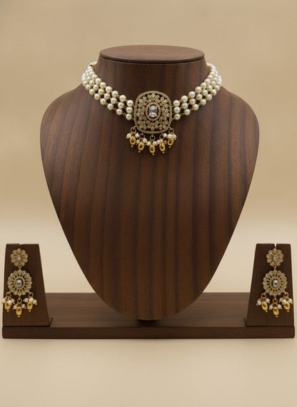 Gold Plated Pearl Choker Necklace Set with Polki & AD Pendant for Women - Special Occasions 