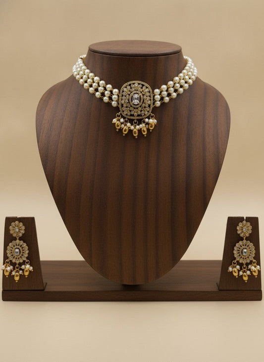 Gold Plated Pearl Choker Necklace Set with Polki & AD Pendant for Women - Special Occasions 