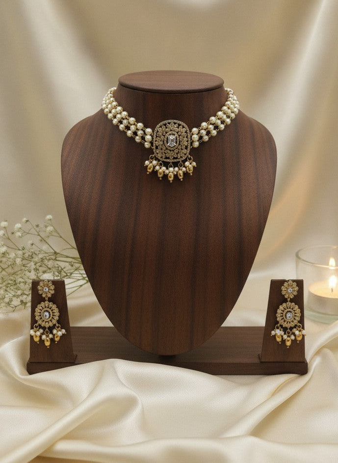 Gold Plated Pearl Choker Necklace Set with Polki & AD Pendant for Women - Special Occasions 