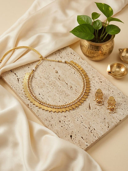 Swarna Kaasu Maala South Indian Inspired Gold Plated Coin Choker Set with Pearls for Women - Festive Wear