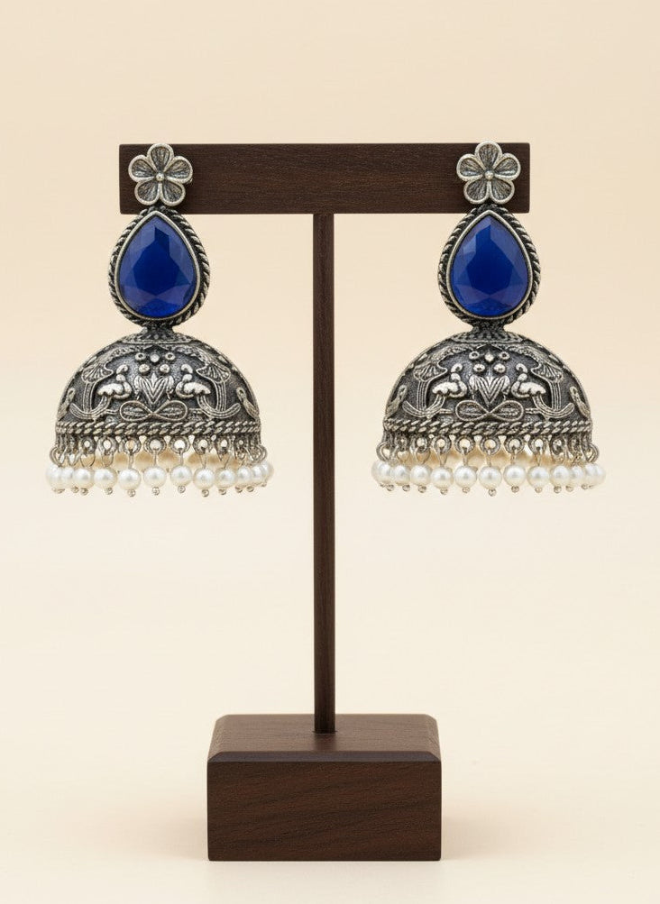 Mayura Floral Motifs Dark Blue Monalisa Stone Dangler Earrings with Pearl detailing for Women - All Occasions 