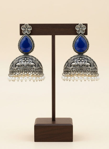 Mayura Floral Motifs Dark Blue Monalisa Stone Dangler Earrings with Pearl detailing for Women - All Occasions 
