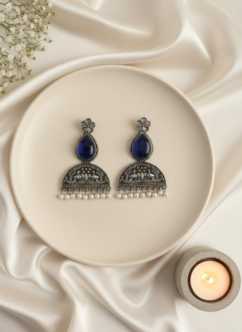 Mayura Floral Motifs Dark Blue Monalisa Stone Dangler Earrings with Pearl detailing for Women - All Occasions 