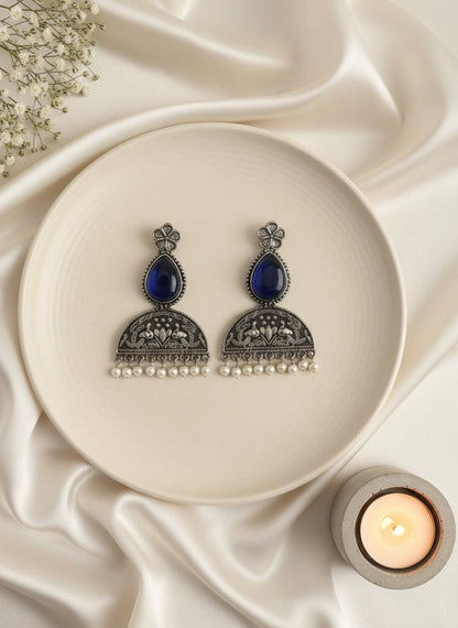 Mayura Floral Motifs Dark Blue Monalisa Stone Dangler Earrings with Pearl detailing for Women - All Occasions 