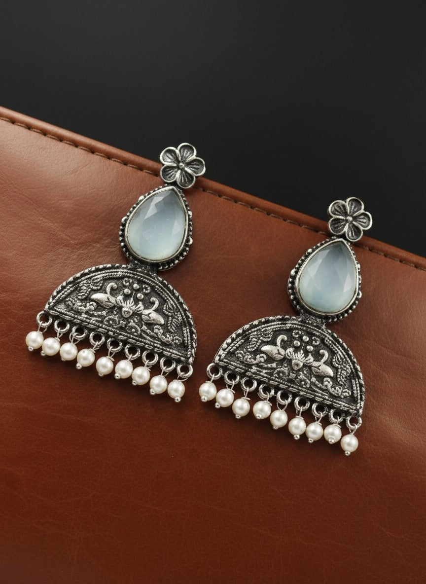 Mayura Floral Motifs Grey Monalisa Stone Dangler Earrings with Pearl detailing for Women - All Occasions 