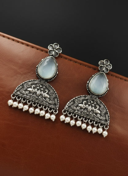 Mayura Floral Motifs Grey Monalisa Stone Dangler Earrings with Pearl detailing for Women - All Occasions 