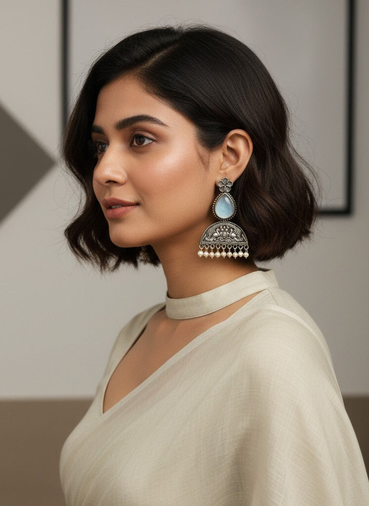 Mayura Floral Motifs Grey Monalisa Stone Dangler Earrings with Pearl detailing for Women - All Occasions 