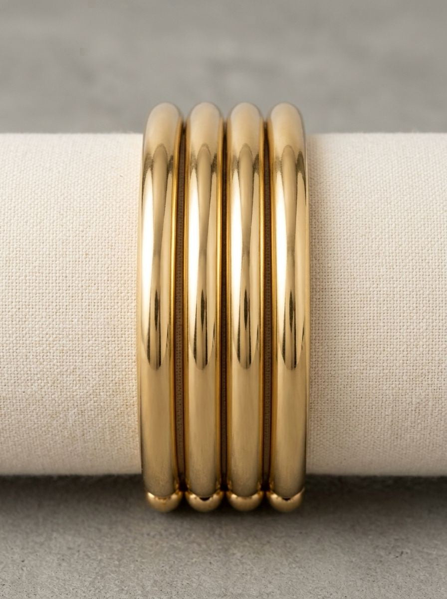 Minimal Pure Brass Gold-Tone Stackable Bangles Set of 4 for Women – Everyday Wear 
