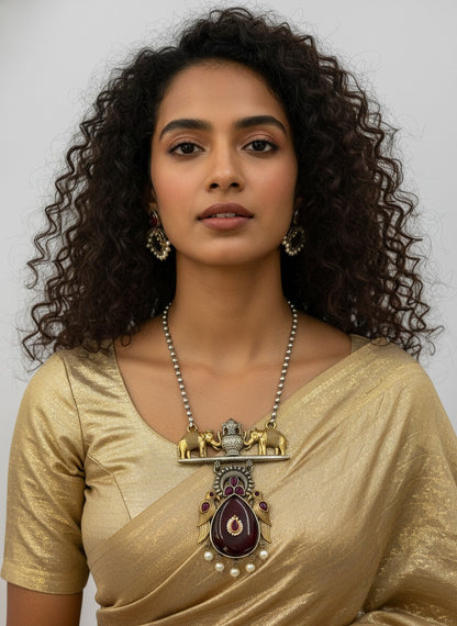Two Tone Oxidized Necklace set with Elephant motifs and Jhumkis