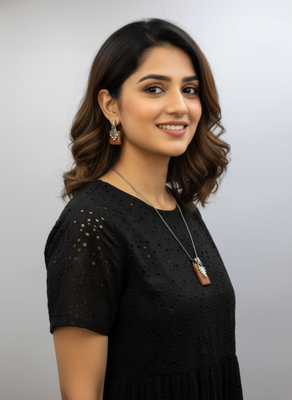 Silver Oxidized Ethnic Chain Necklace Set in geometric pattern