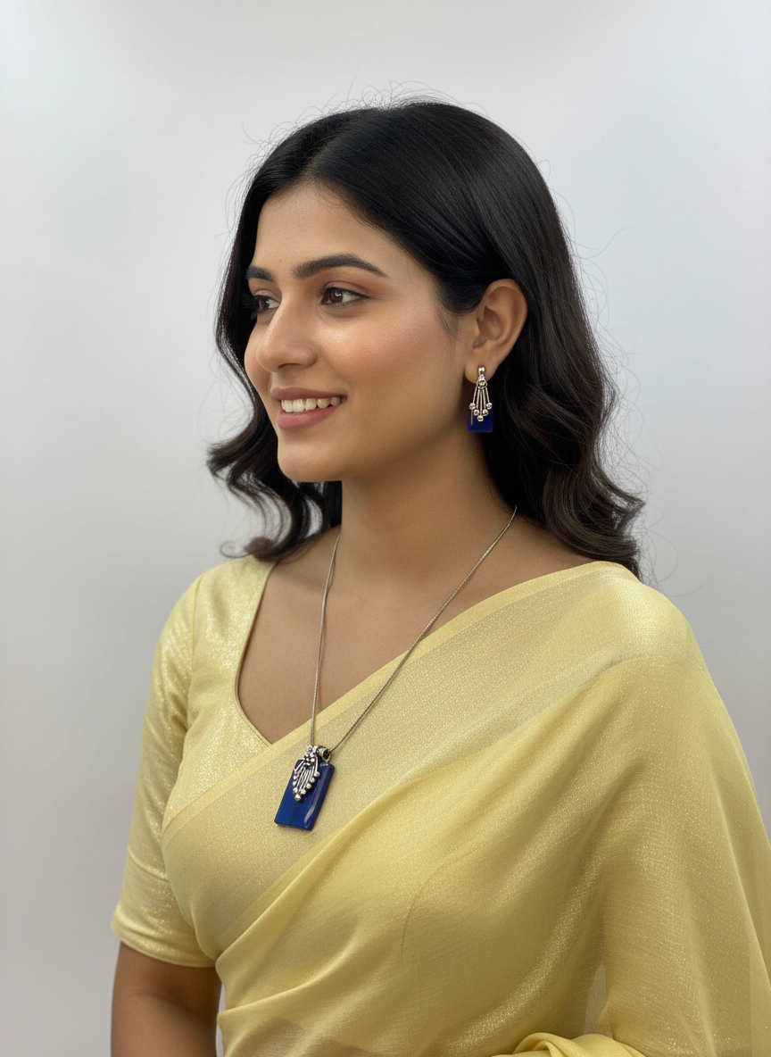 Silver Oxidized Ethnic Chain Necklace Set in geometric pattern